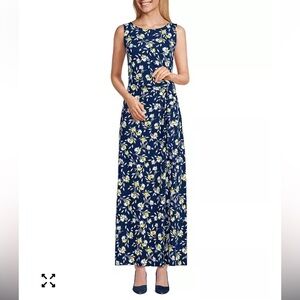Lands' End Floral Maxi in Navy, white & Yellow, sleeveless, draped tie waist, Lg